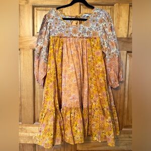 AE Swing Mini Dress Orange Floral Puff Sleeve Open Back Pockets Boho Size XL